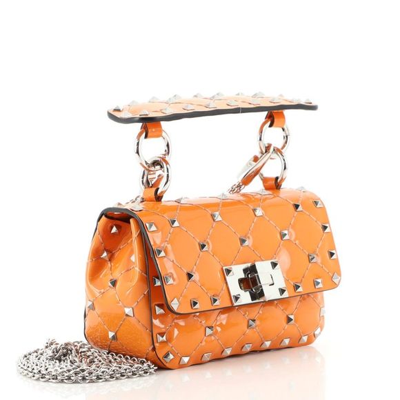 Valentino Garavani Rockstud Spike Flap Bag Quilted Patent Micro Orange - Picture 3 of 7